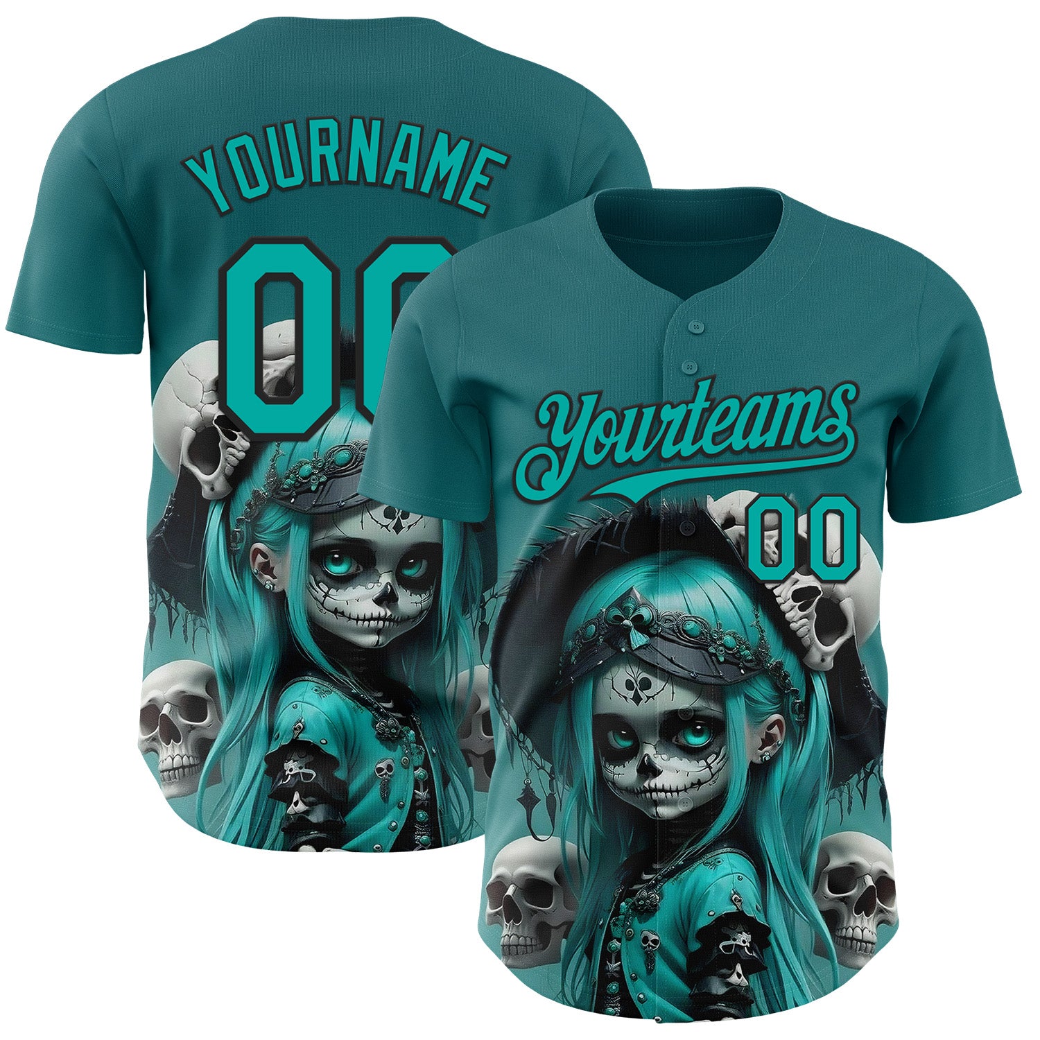 Custom Blue Aqua-Black 3D Halloween Spooky Skull Authentic Baseball Jersey