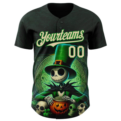 Custom Black City Cream-Grass Green 3D Halloween Spooky Pumpkin Authentic Baseball Jersey