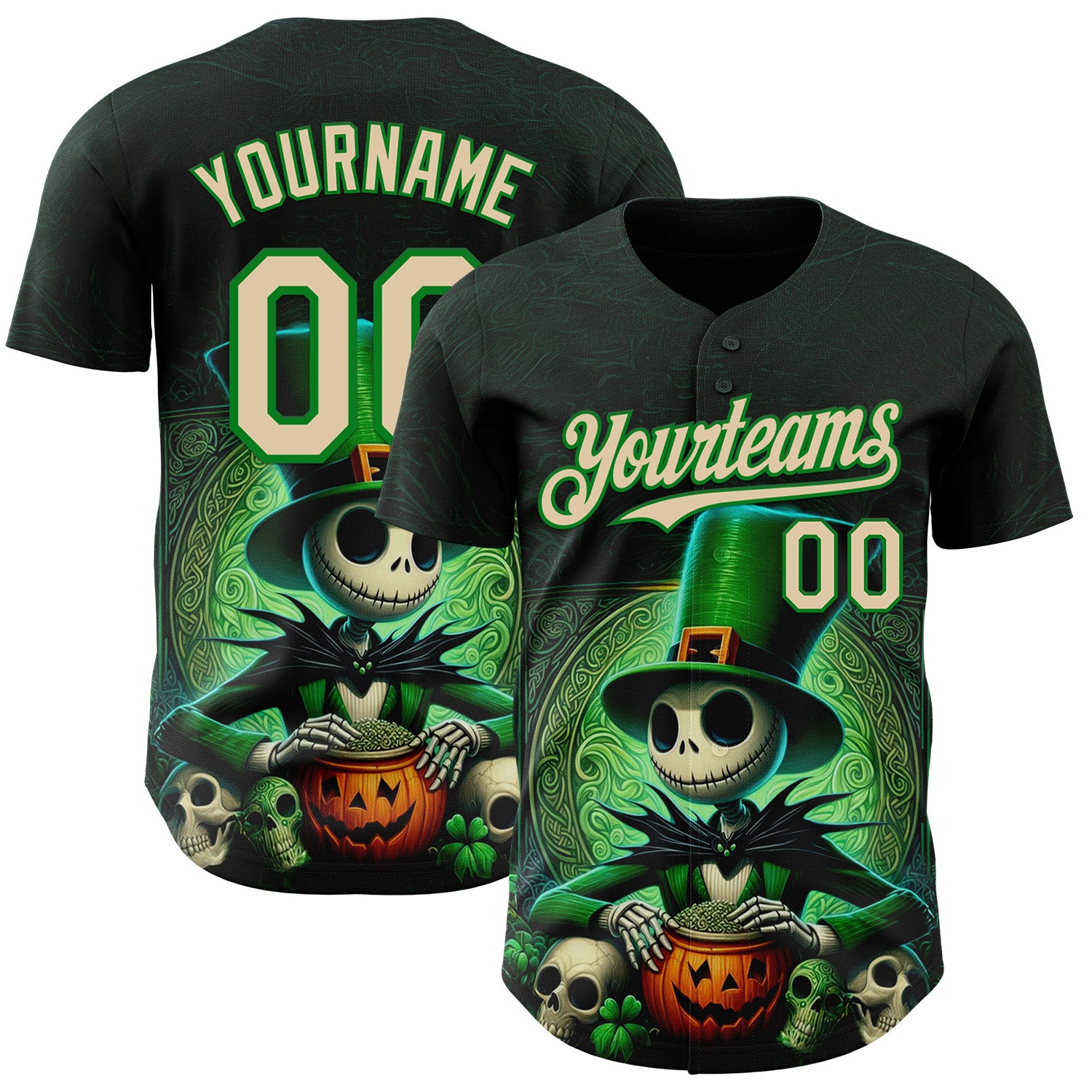 Custom Black City Cream-Grass Green 3D Halloween Spooky Pumpkin Authentic Baseball Jersey