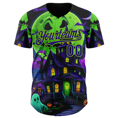 Custom Black Dark Purple-Neon Green 3D Halloween Spooky Pumpkin Bat Authentic Baseball Jersey