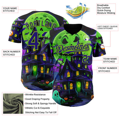 Custom Black Dark Purple-Neon Green 3D Halloween Spooky Pumpkin Bat Authentic Baseball Jersey