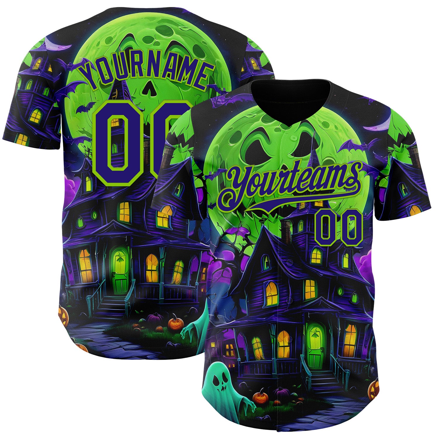 Custom Black Dark Purple-Neon Green 3D Halloween Spooky Pumpkin Bat Authentic Baseball Jersey