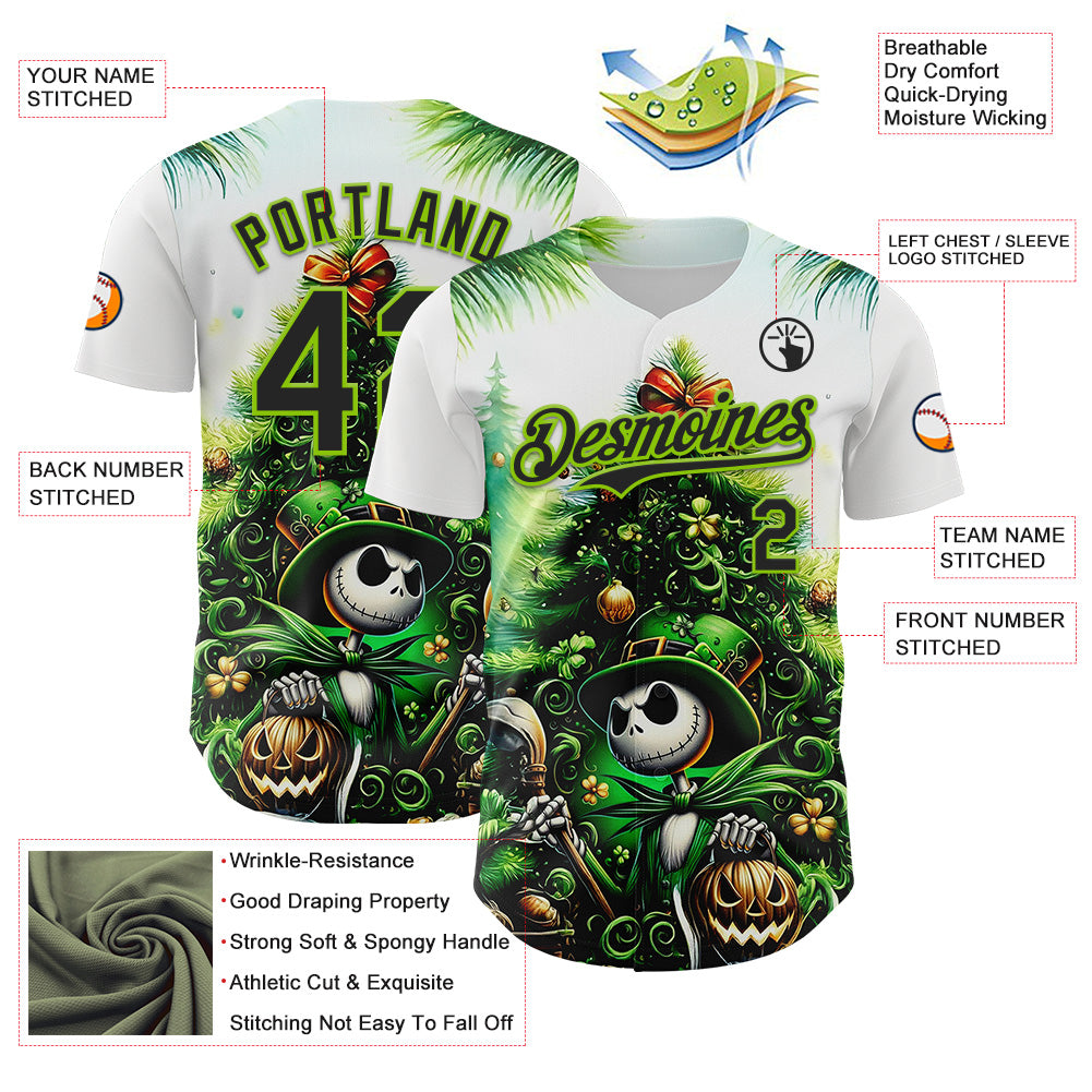 Custom White Black-Neon Green 3D Halloween Spooky Pumpkin Authentic Baseball Jersey