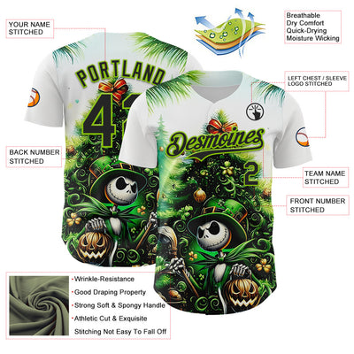 Custom White Black-Neon Green 3D Halloween Spooky Pumpkin Authentic Baseball Jersey