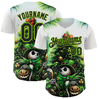 Custom White Black-Neon Green 3D Halloween Spooky Pumpkin Authentic Baseball Jersey