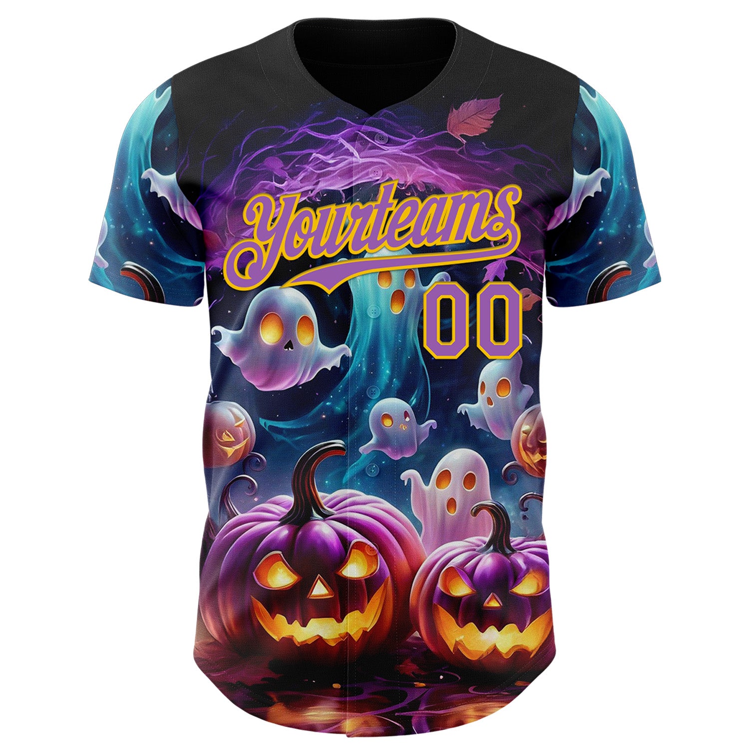 Custom Black Medium Purple-Yellow 3D Halloween Spooky Pumpkin Authentic Baseball Jersey