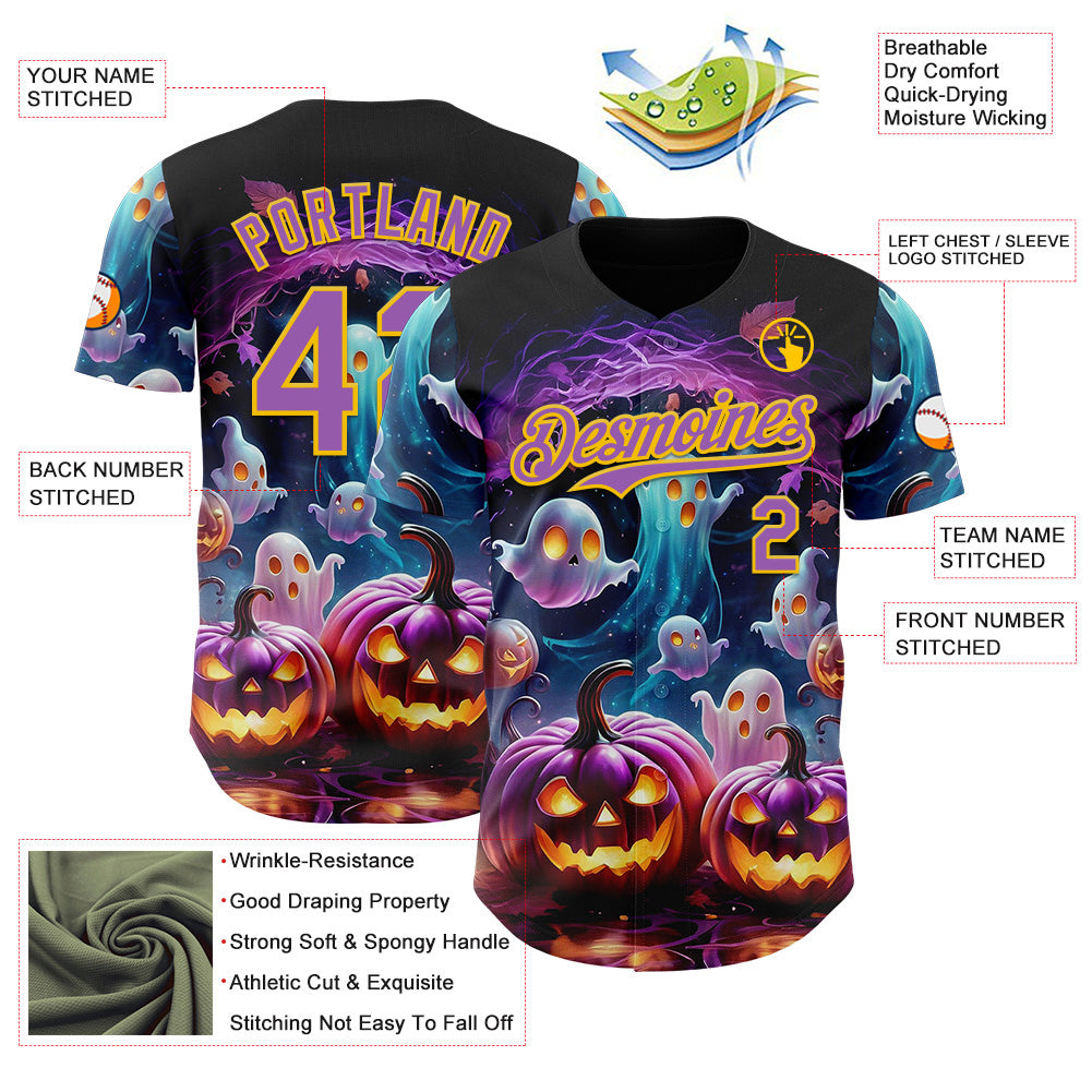 Custom Black Medium Purple-Yellow 3D Halloween Spooky Pumpkin Authentic Baseball Jersey