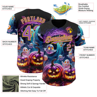 Custom Black Medium Purple-Yellow 3D Halloween Spooky Pumpkin Authentic Baseball Jersey