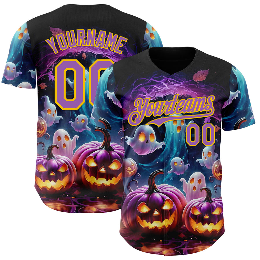 Custom Black Medium Purple-Yellow 3D Halloween Spooky Pumpkin Authentic Baseball Jersey