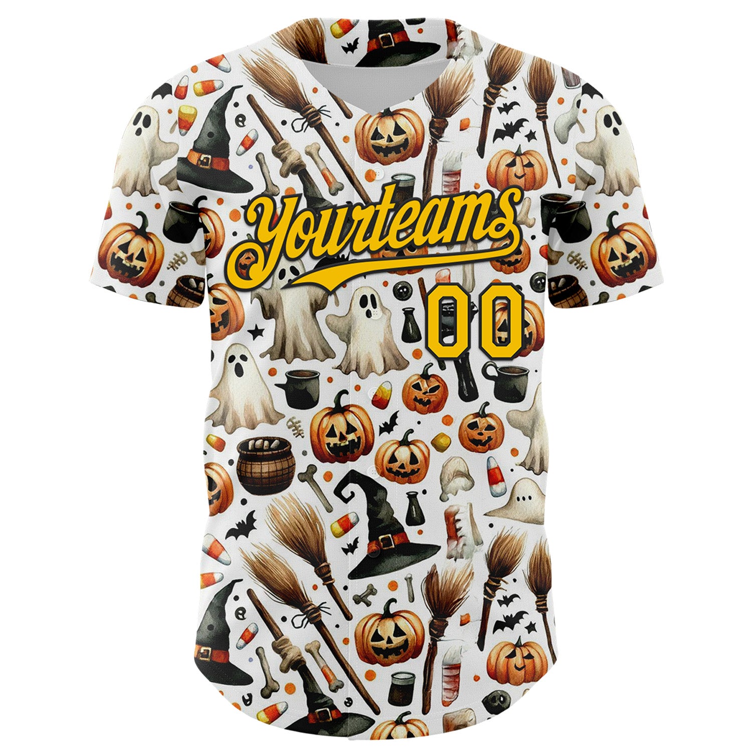 Custom White Yellow-Black 3D Halloween Spooky Pumpkin Authentic Baseball Jersey