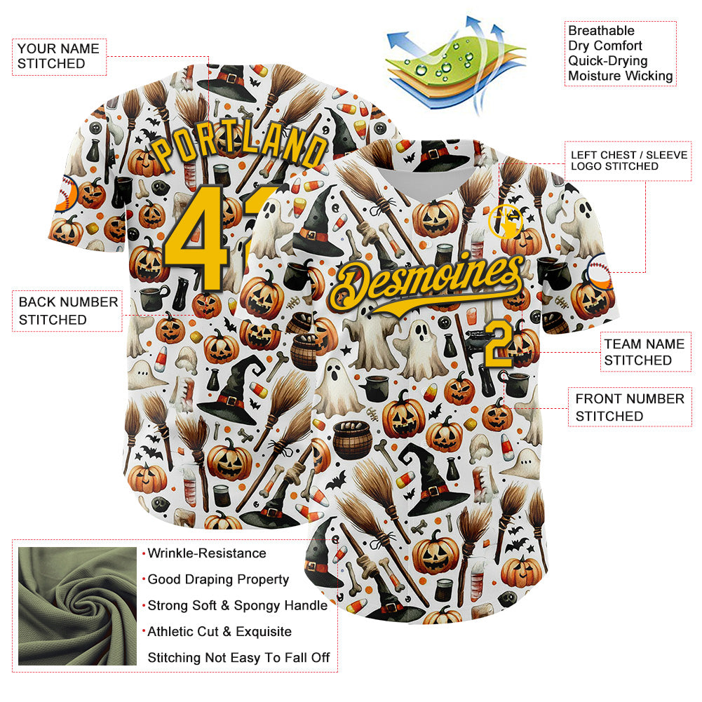 Custom White Yellow-Black 3D Halloween Spooky Pumpkin Authentic Baseball Jersey