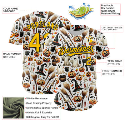 Custom White Yellow-Black 3D Halloween Spooky Pumpkin Authentic Baseball Jersey