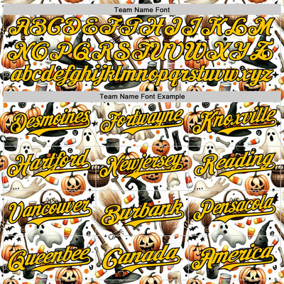 Custom White Yellow-Black 3D Halloween Spooky Pumpkin Authentic Baseball Jersey