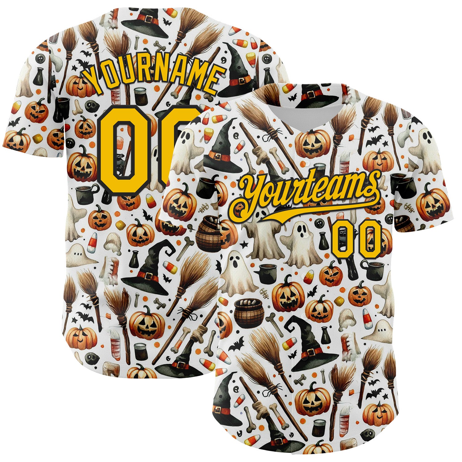 Custom White Yellow-Black 3D Halloween Spooky Pumpkin Authentic Baseball Jersey