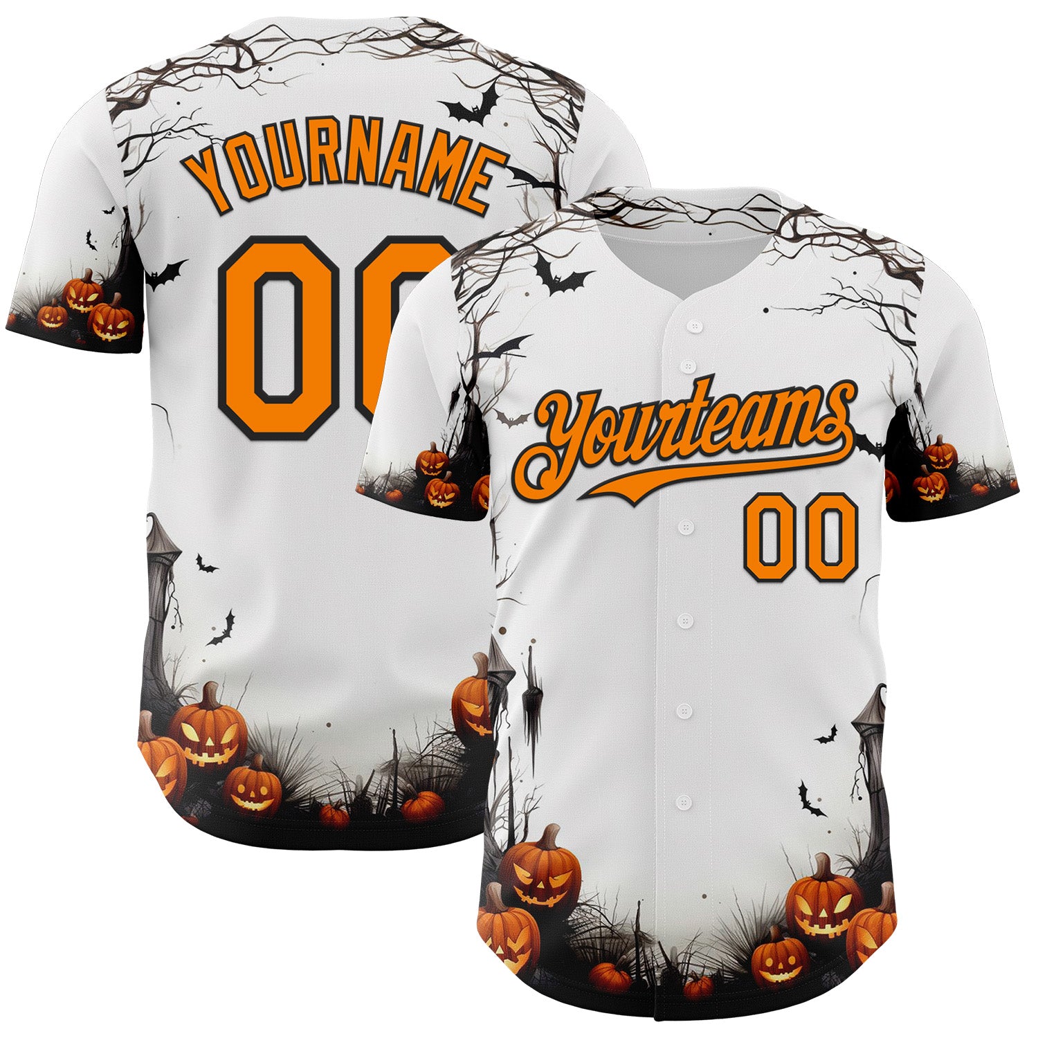Custom White Bay Orange-Black 3D Halloween Spooky Pumpkin Authentic Baseball Jersey