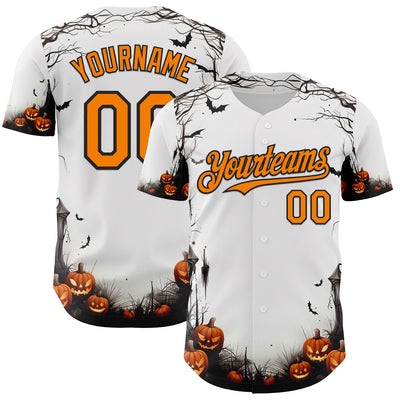 Custom White Bay Orange-Black 3D Halloween Spooky Pumpkin Authentic Baseball Jersey