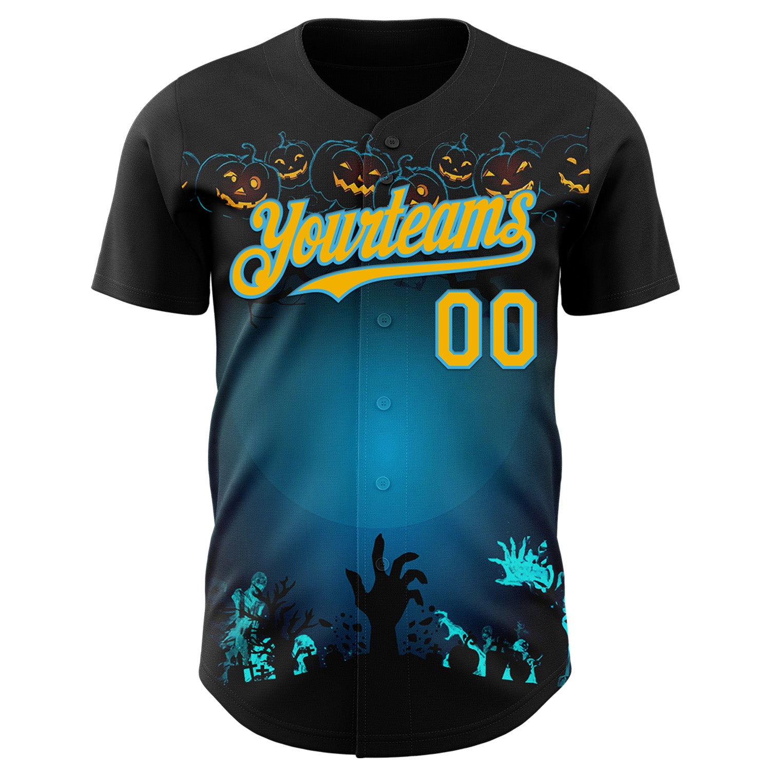 Custom Black Gold-Sky Blue 3D Halloween Spooky Pumpkin Zombies Authentic Baseball Jersey