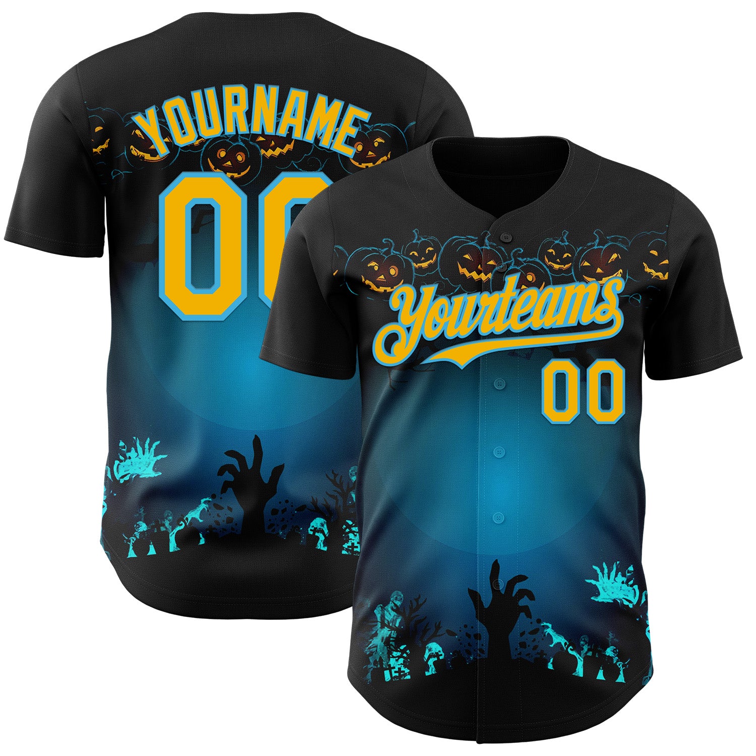 Custom Black Gold-Sky Blue 3D Halloween Spooky Pumpkin Zombies Authentic Baseball Jersey