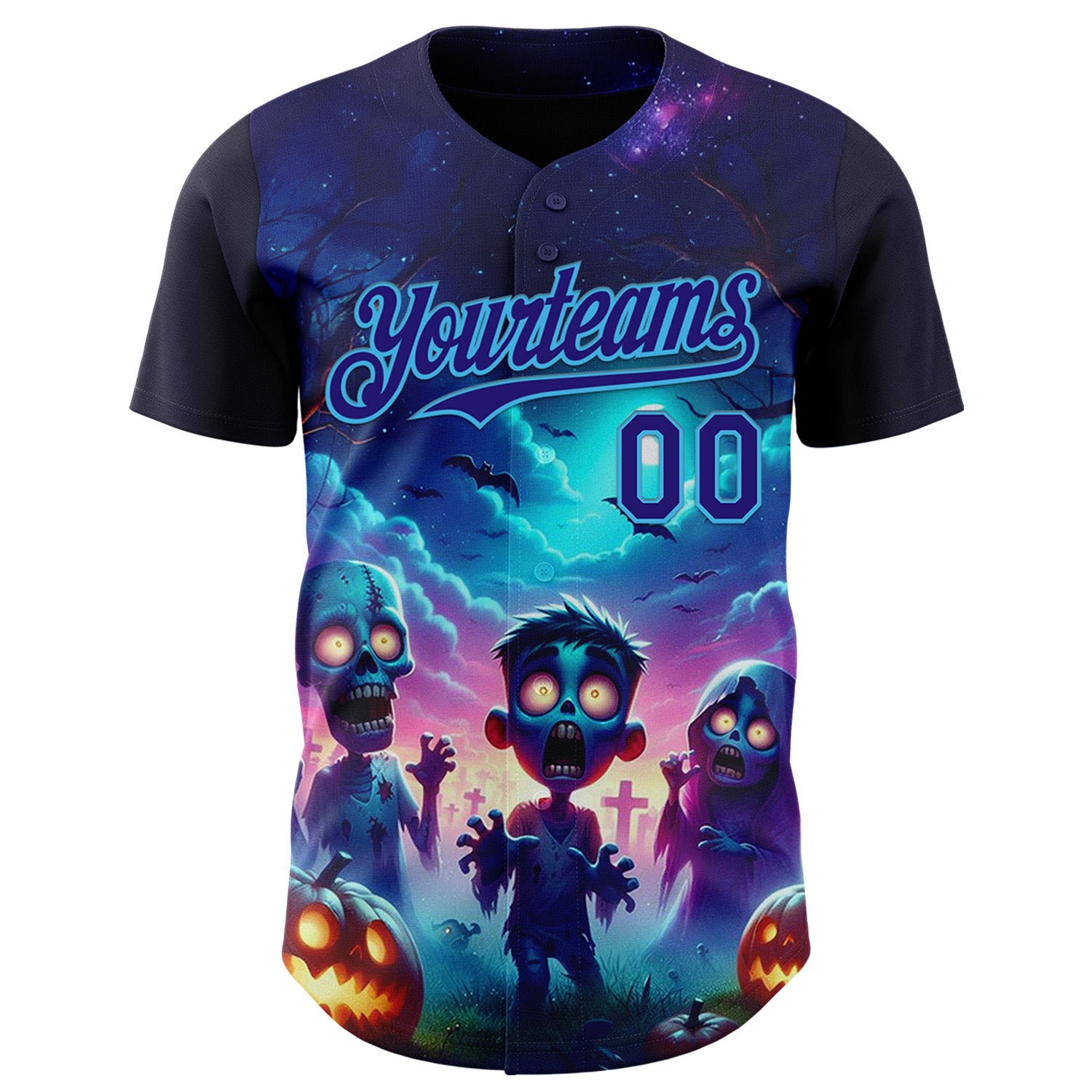 Custom Blue Dark Purple Black-Sky Blue 3D Halloween Spooky Pumpkin Zombies Authentic Baseball Jersey