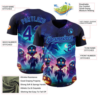 Custom Blue Dark Purple Black-Sky Blue 3D Halloween Spooky Pumpkin Zombies Authentic Baseball Jersey