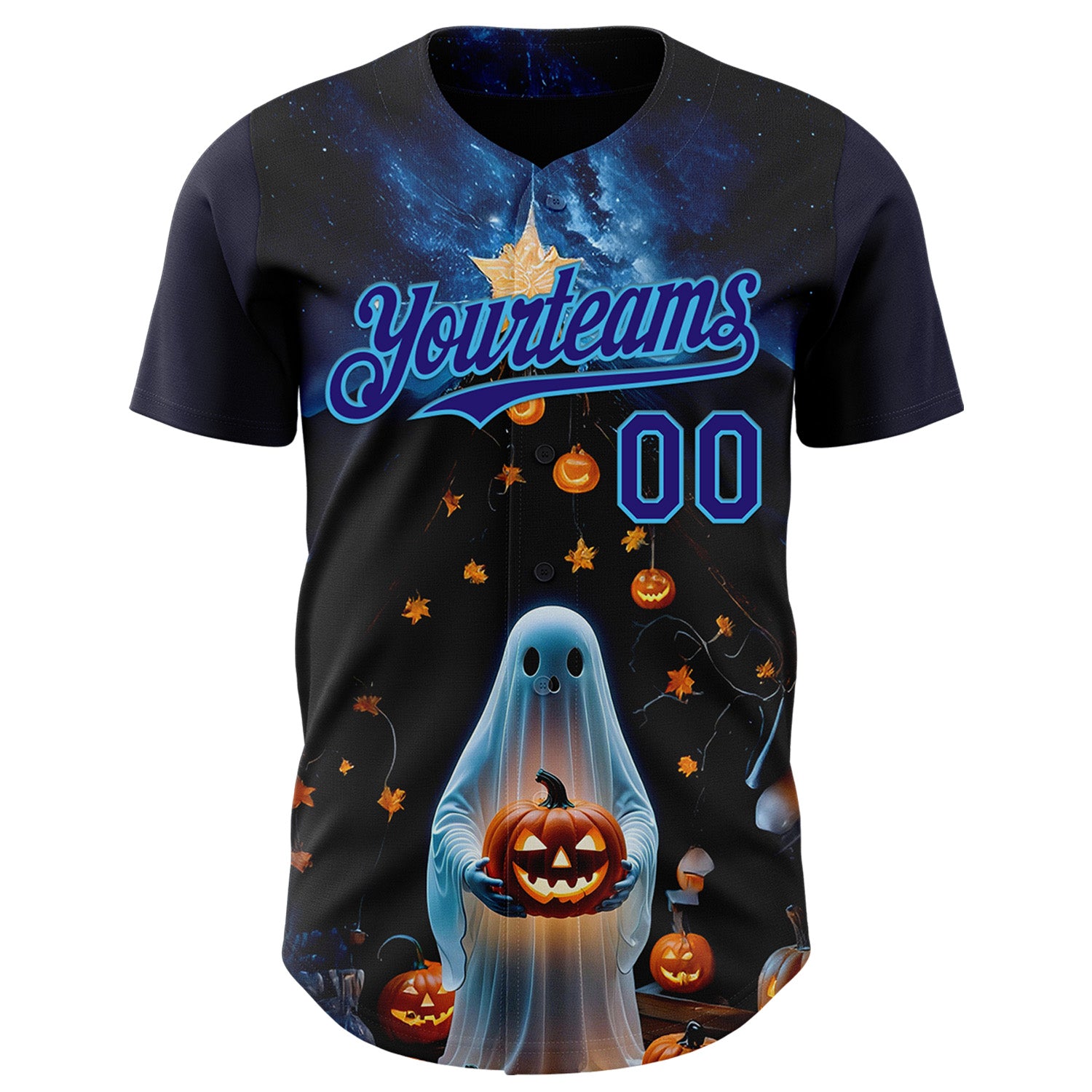 Custom Black Dark Purple-Sky Blue 3D Halloween Spooky Pumpkin Authentic Baseball Jersey