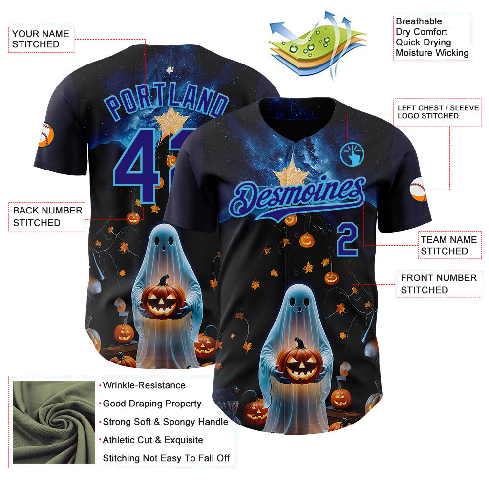 Custom Black Dark Purple-Sky Blue 3D Halloween Spooky Pumpkin Authentic Baseball Jersey