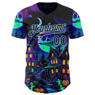 Custom Black Dark Purple-Pea Green 3D Halloween Spooky Pumpkin Authentic Baseball Jersey