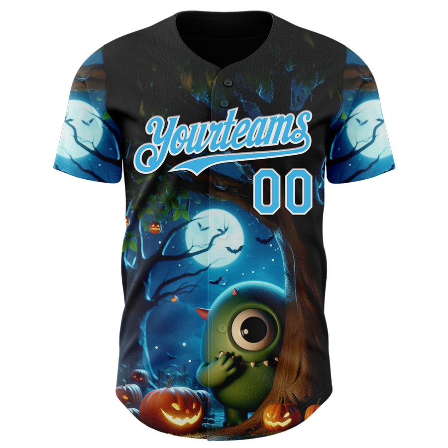 Custom Black Sky Blue-White 3D Halloween Spooky Pumpkin Authentic Baseball Jersey