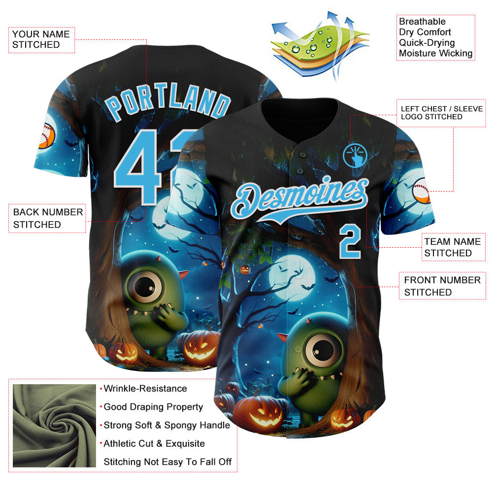 Custom Black Sky Blue-White 3D Halloween Spooky Pumpkin Authentic Baseball Jersey
