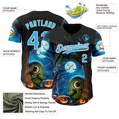 Custom Black Sky Blue-White 3D Halloween Spooky Pumpkin Authentic Baseball Jersey
