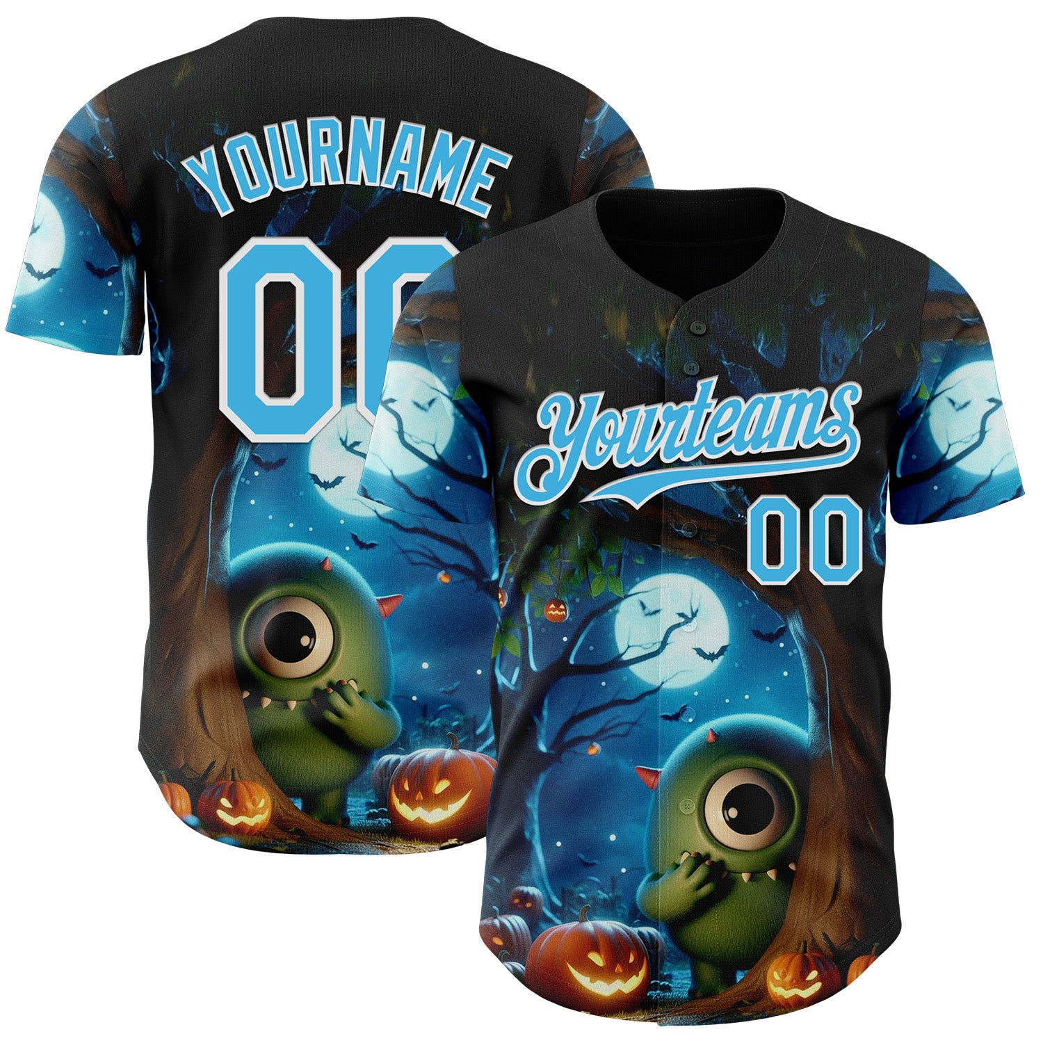 Custom Black Sky Blue-White 3D Halloween Spooky Pumpkin Authentic Baseball Jersey