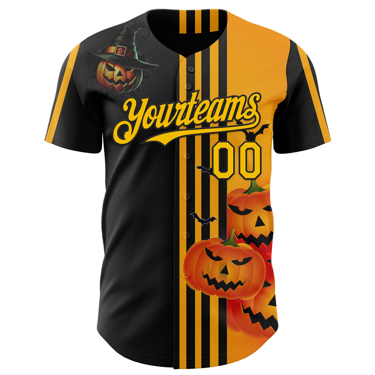 Custom Yellow Black 3D Halloween Spooky Pumpkin Stripe Authentic Baseball Jersey