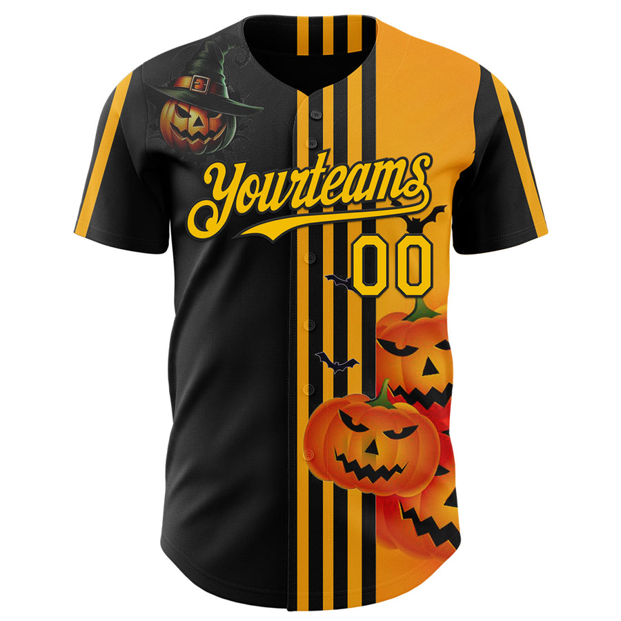 Custom Yellow Black 3D Halloween Spooky Pumpkin Stripe Authentic Baseball Jersey