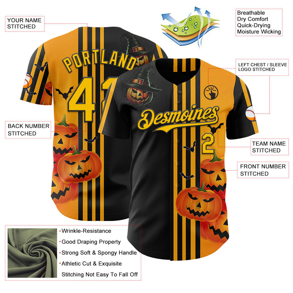 Custom Yellow Black 3D Halloween Spooky Pumpkin Stripe Authentic Baseball Jersey