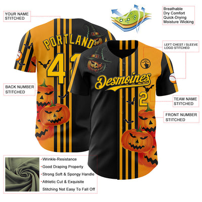 Custom Yellow Black 3D Halloween Spooky Pumpkin Stripe Authentic Baseball Jersey