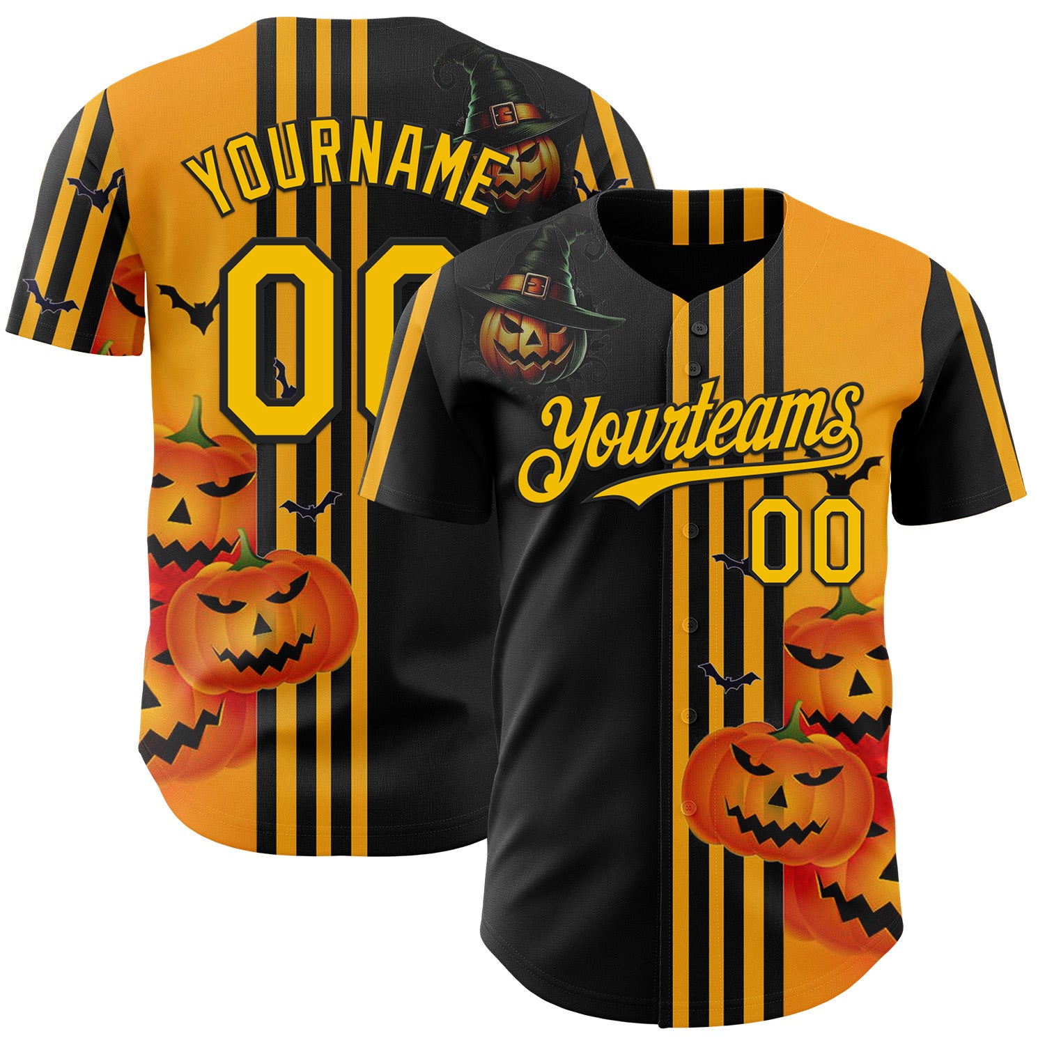 Custom Yellow Black 3D Halloween Spooky Pumpkin Stripe Authentic Baseball Jersey