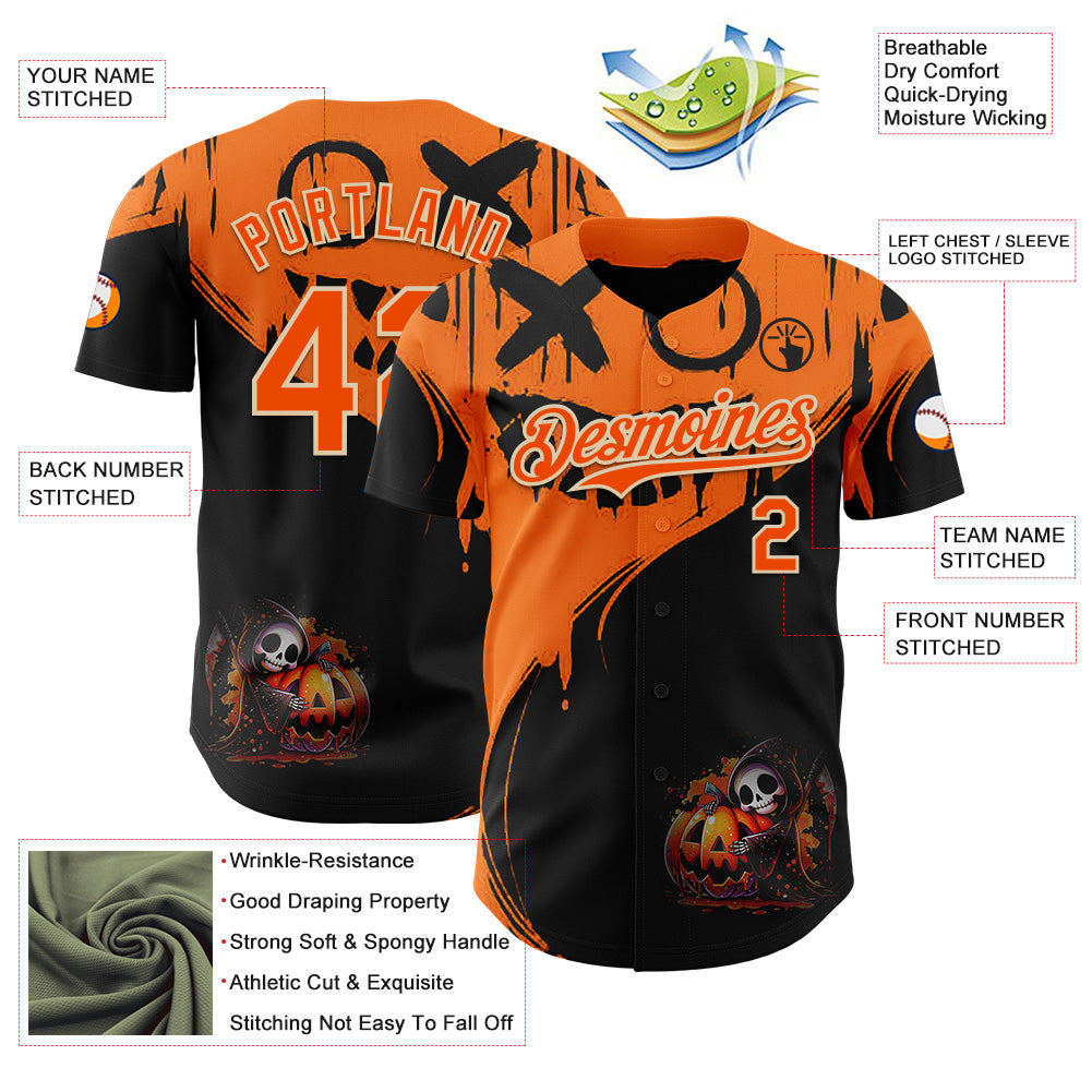Custom Orange Black-City Cream 3D Halloween Spooky Pumpkin Graffiti Authentic Baseball Jersey