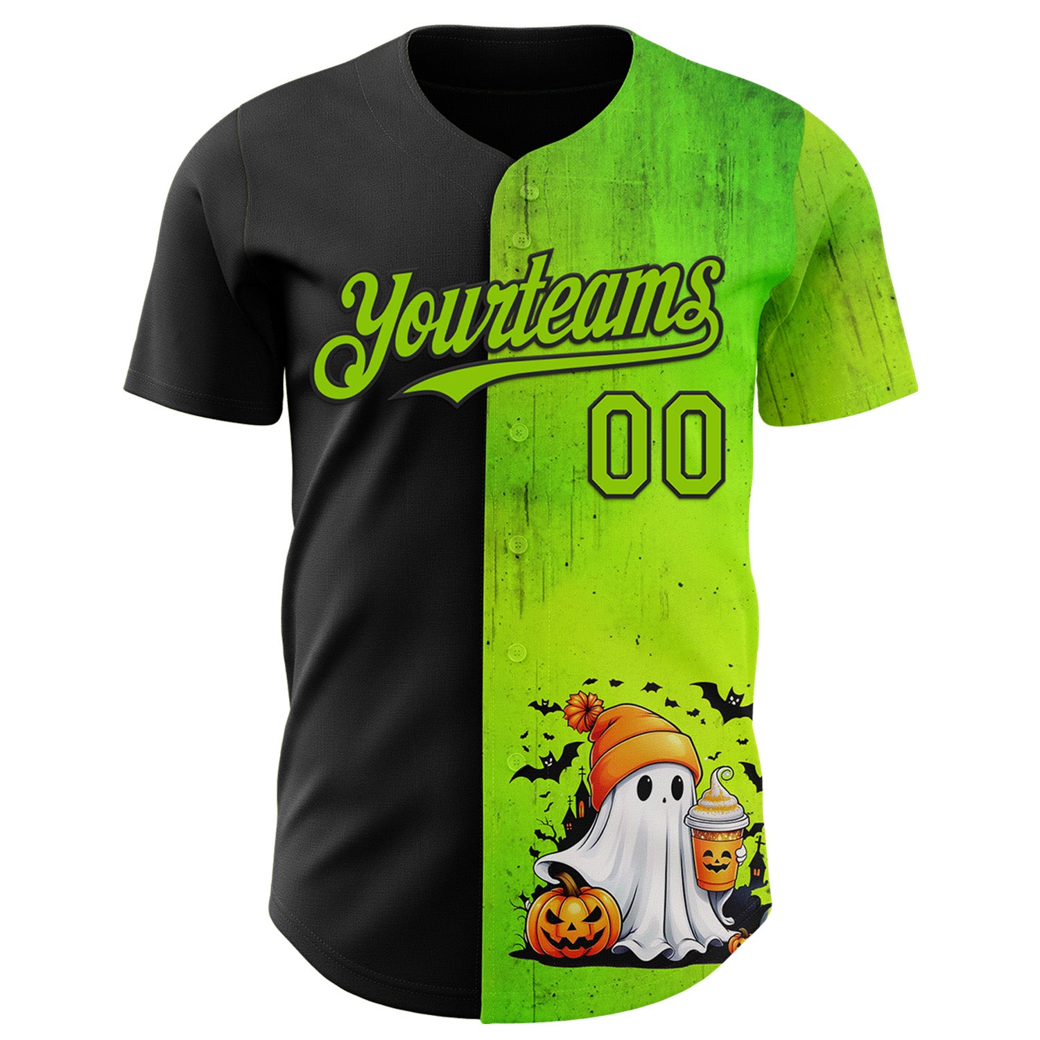 Custom Black Neon Green 3D Halloween Spooky Pumpkin Authentic Baseball Jersey