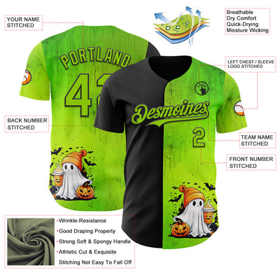 Custom Black Neon Green 3D Halloween Spooky Pumpkin Authentic Baseball Jersey