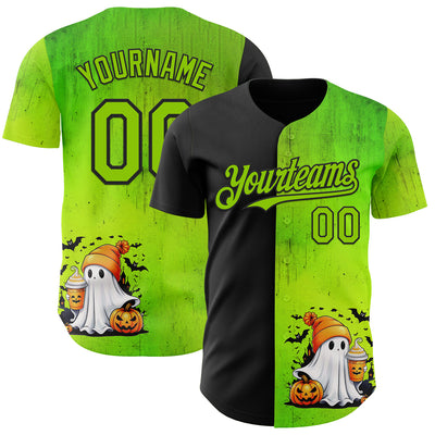 Custom Black Neon Green 3D Halloween Spooky Pumpkin Authentic Baseball Jersey