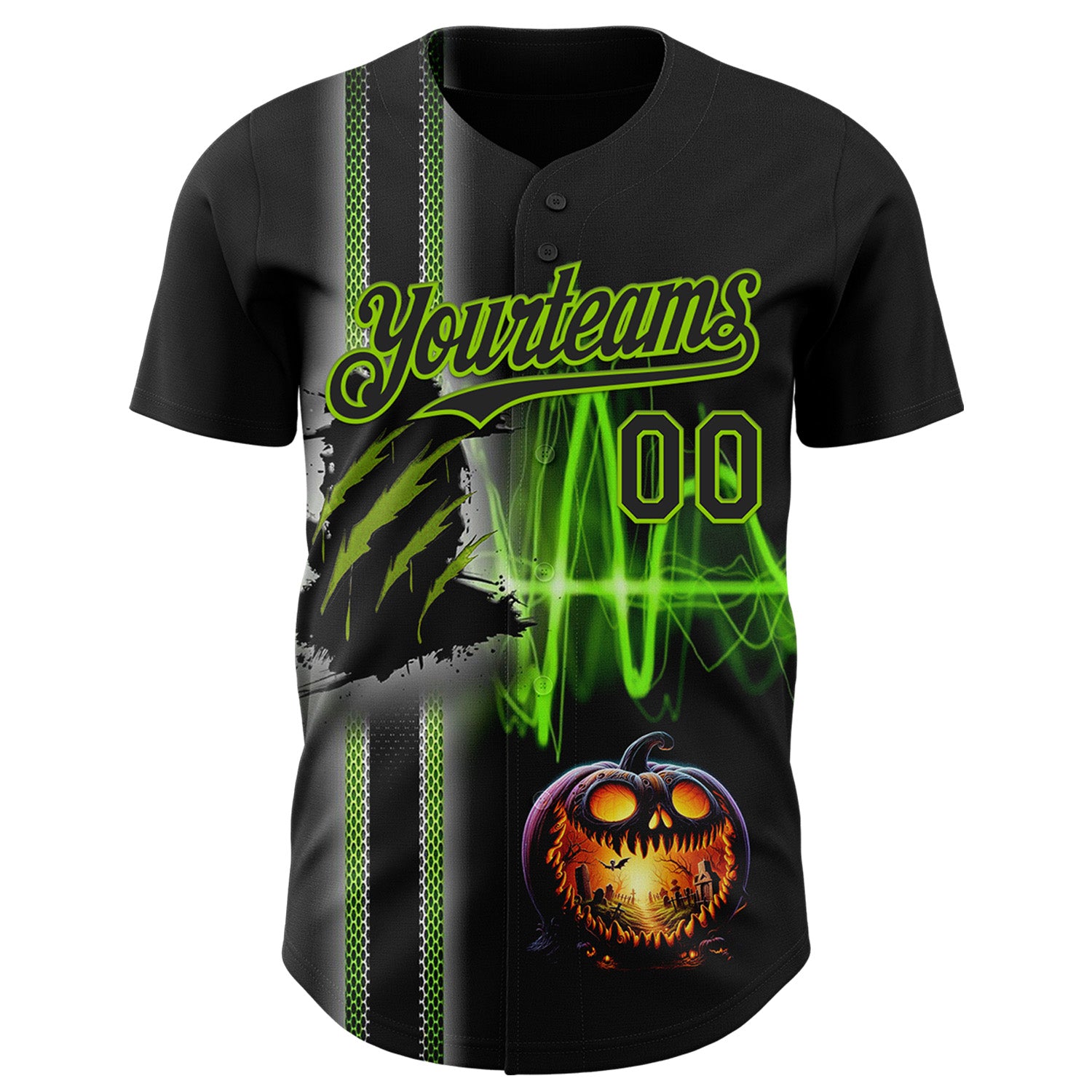 Custom Black Neon Green 3D Halloween Spooky Pumpkin Scratch Authentic Baseball Jersey