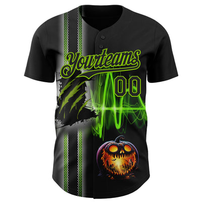 Custom Black Neon Green 3D Halloween Spooky Pumpkin Scratch Authentic Baseball Jersey