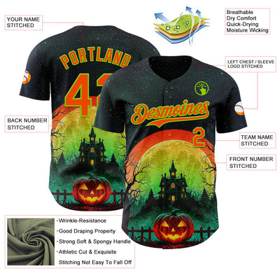 Custom Black Orange-Neon Green 3D Halloween Spooky Pumpkin Authentic Baseball Jersey