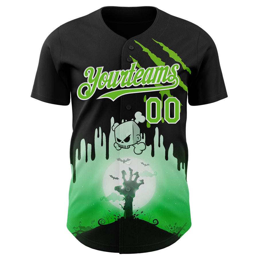 Custom Black Aurora Green-White 3D Halloween Spooky Zombies Scratch Authentic Baseball Jersey