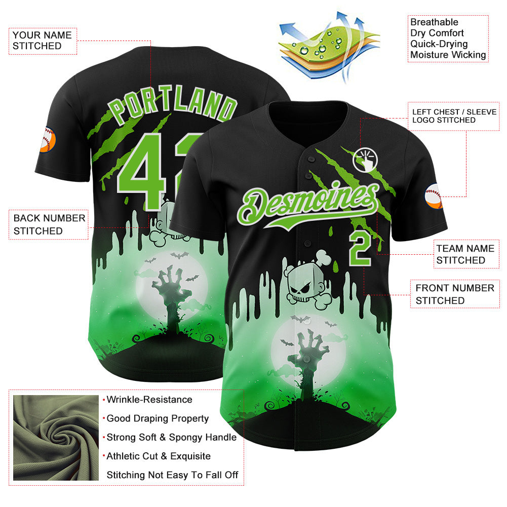 Custom Black Aurora Green-White 3D Halloween Spooky Zombies Scratch Authentic Baseball Jersey