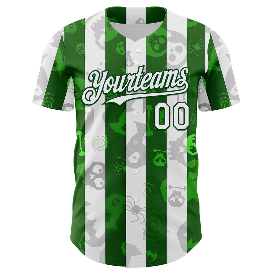 Custom White Green 3D Halloween Spooky Spider Stripe Authentic Baseball Jersey