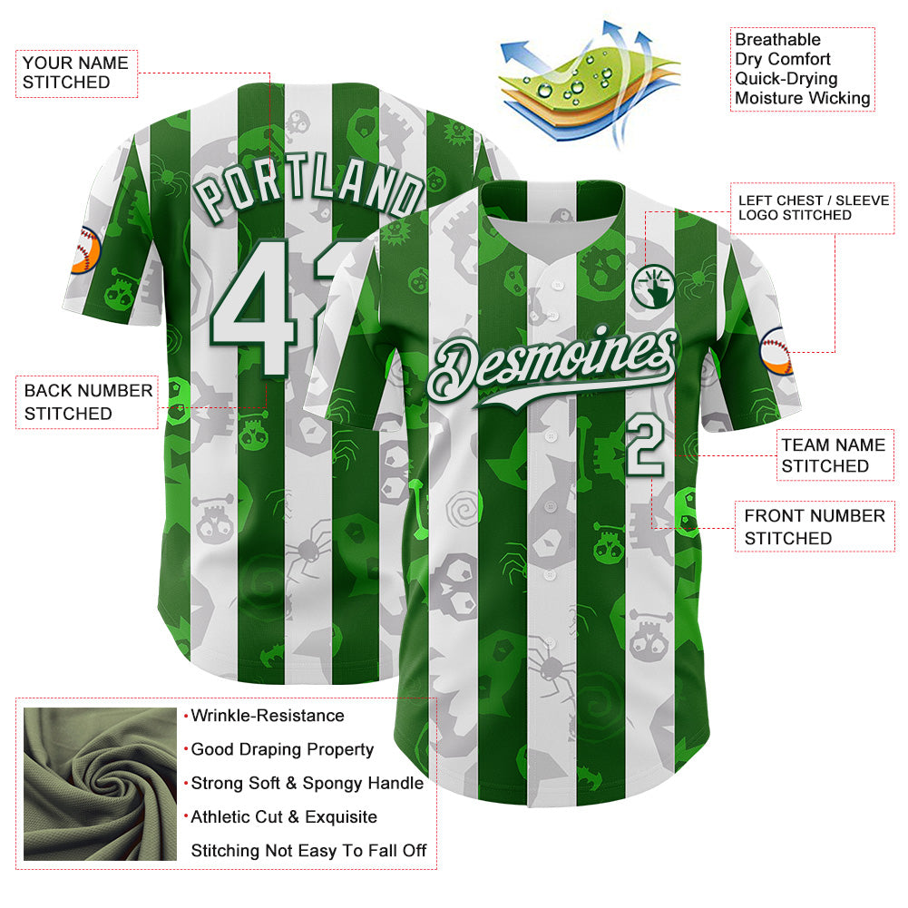Custom White Green 3D Halloween Spooky Spider Stripe Authentic Baseball Jersey