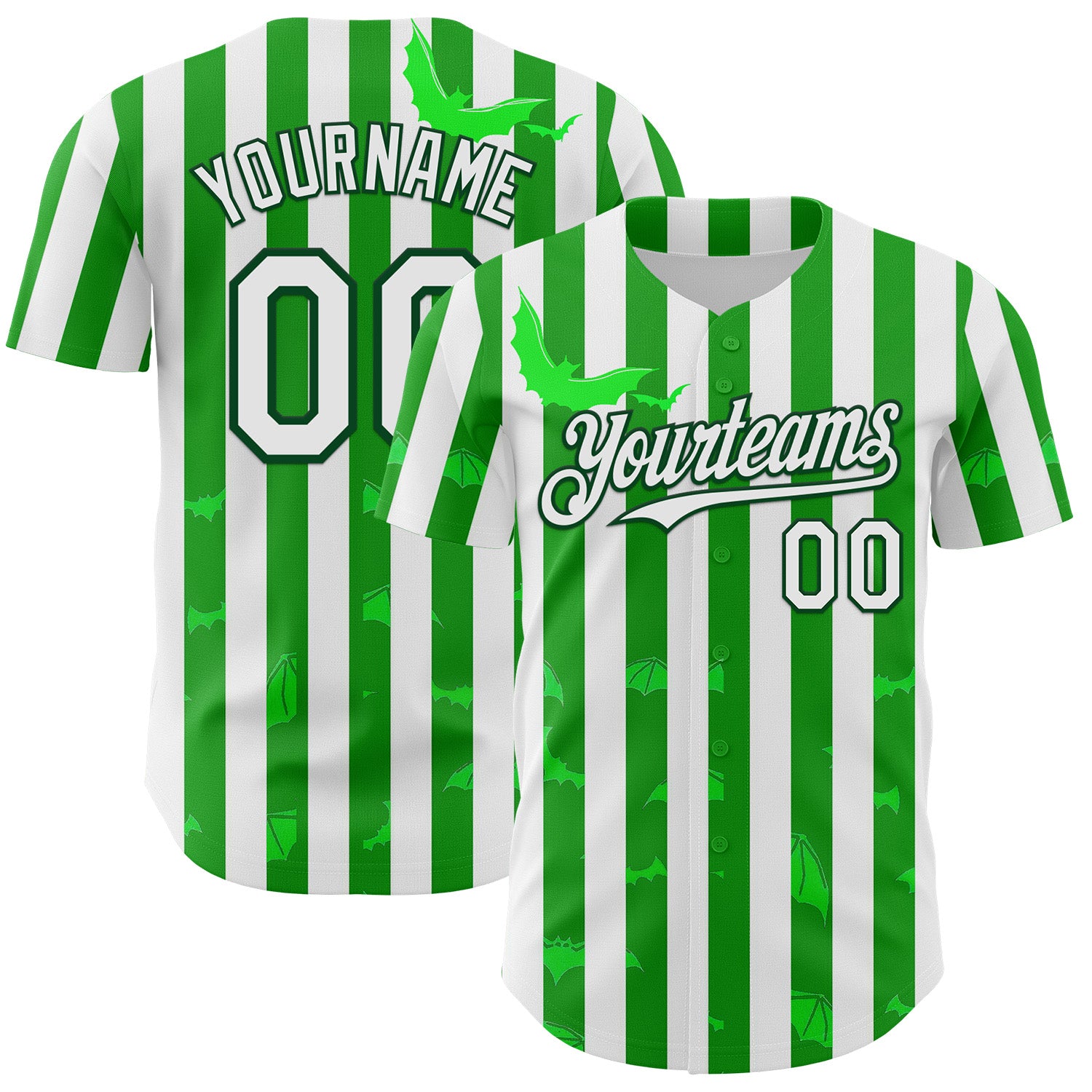 Custom White Green 3D Halloween Spooky Bat Stripe Authentic Baseball Jersey