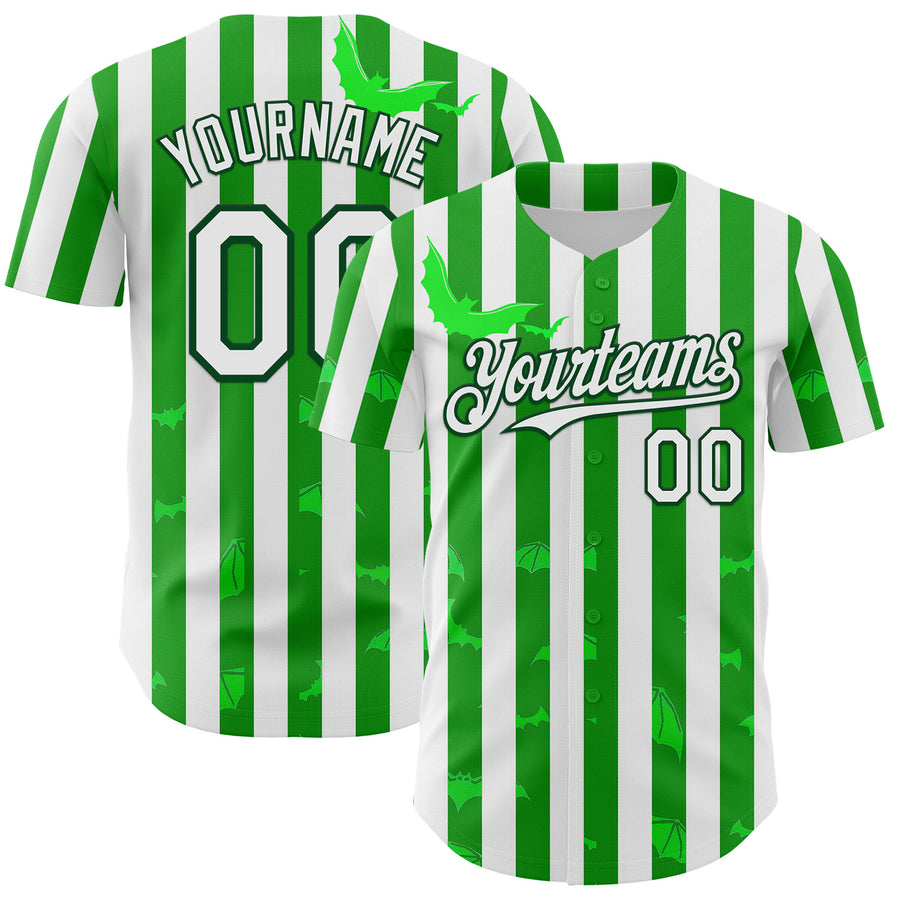 Custom White Green 3D Halloween Spooky Bat Stripe Authentic Baseball Jersey