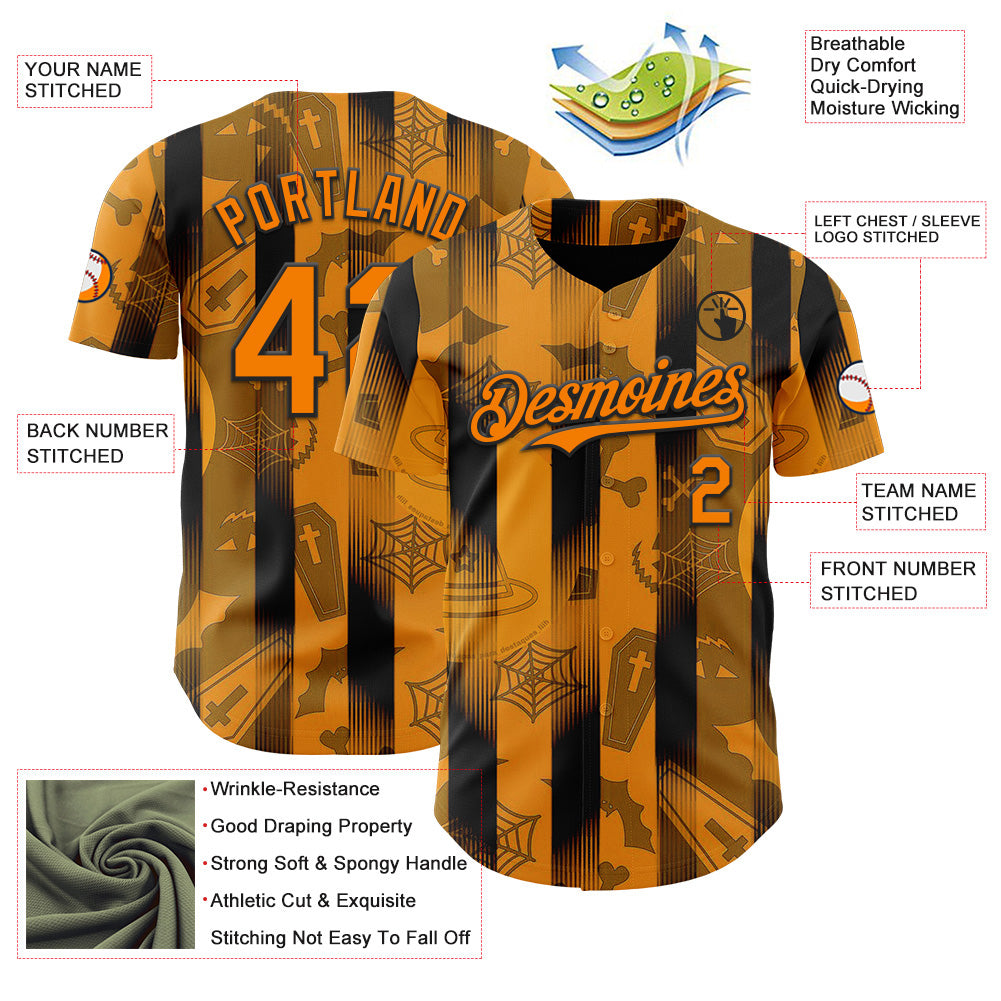 Custom Orange Bay Orange-Black 3D Halloween Spooky Pumpkin Stripe Authentic Baseball Jersey